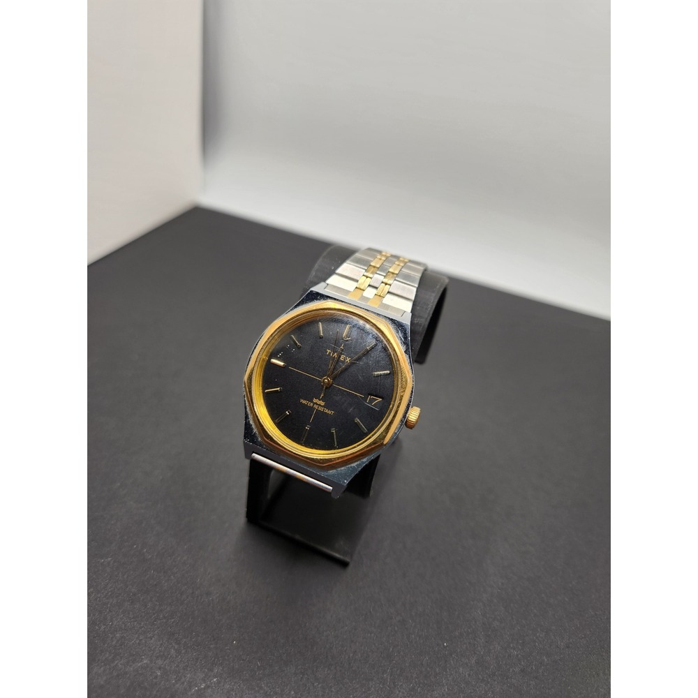 Vintage Timex Two Tone Black Dial Date Window Water Resistant Watch As Is